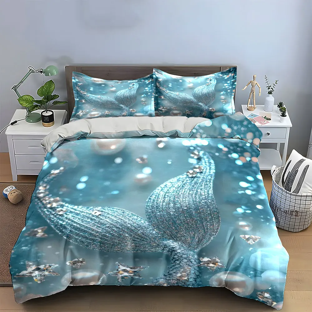 

Mermaid Tail Decorative Set Artwork Bedding Set with 1 Duvet Cover 2 Pillowcases Single Double King Queen, Gift