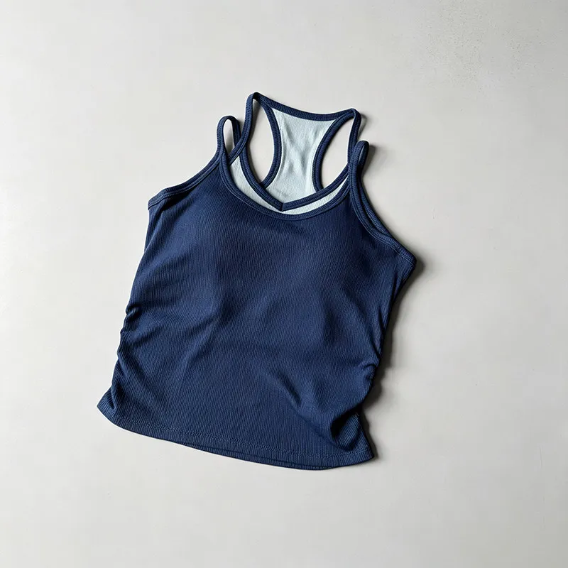 Damen-Sportweste im Zweiteiler-Look mit stoßfesten Brustpolstern, schönem Rückendesign, für Laufen, Yoga, Unterwäsche, Fitnesskleidung – Detail 5