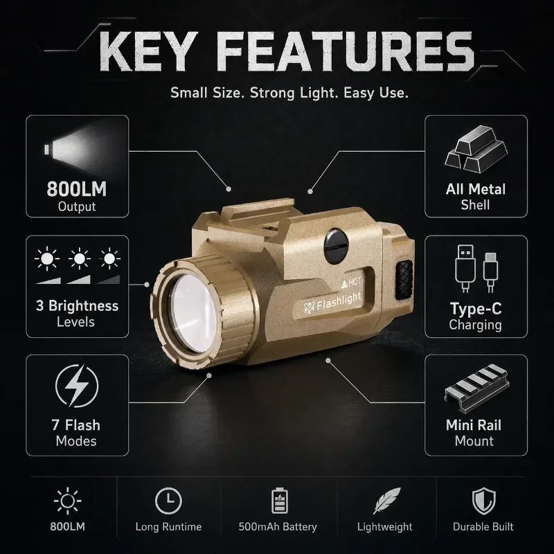Sand Tone Full Metal Hobby Model Torch 800 Lumens Multi Light Modes Built-in Battery USB-C Cable Storage Bag Full Accessory Set