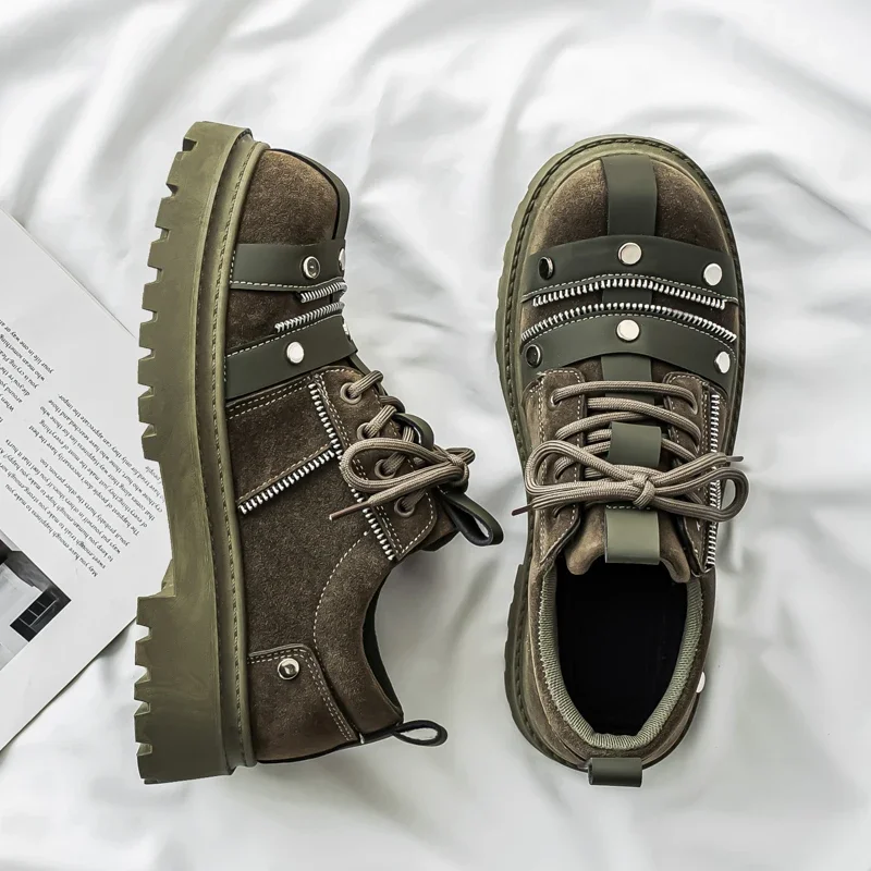 

High End Thick Sole Height Increasing Men's Shoes with Leather Surface Street Niche Design Casual Shoes Trendy Shopping Shoes