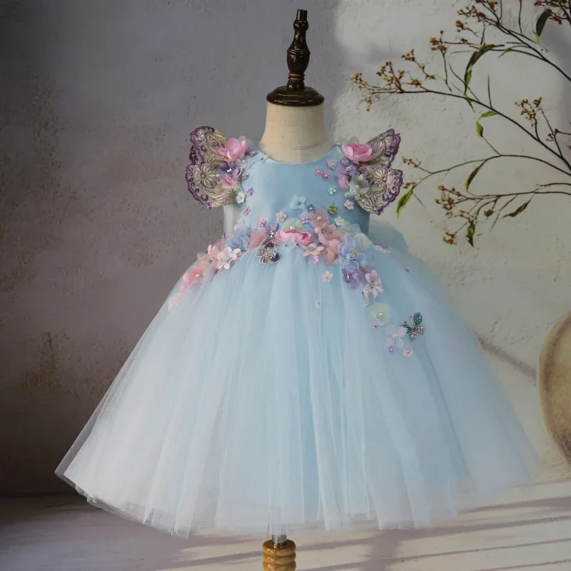 

Custom Flower Girl Dress Wedding Gown Birthday Party Pageant Dress 3D Floral Butterfly Tulle Ball Gown For Girls فساتين ب