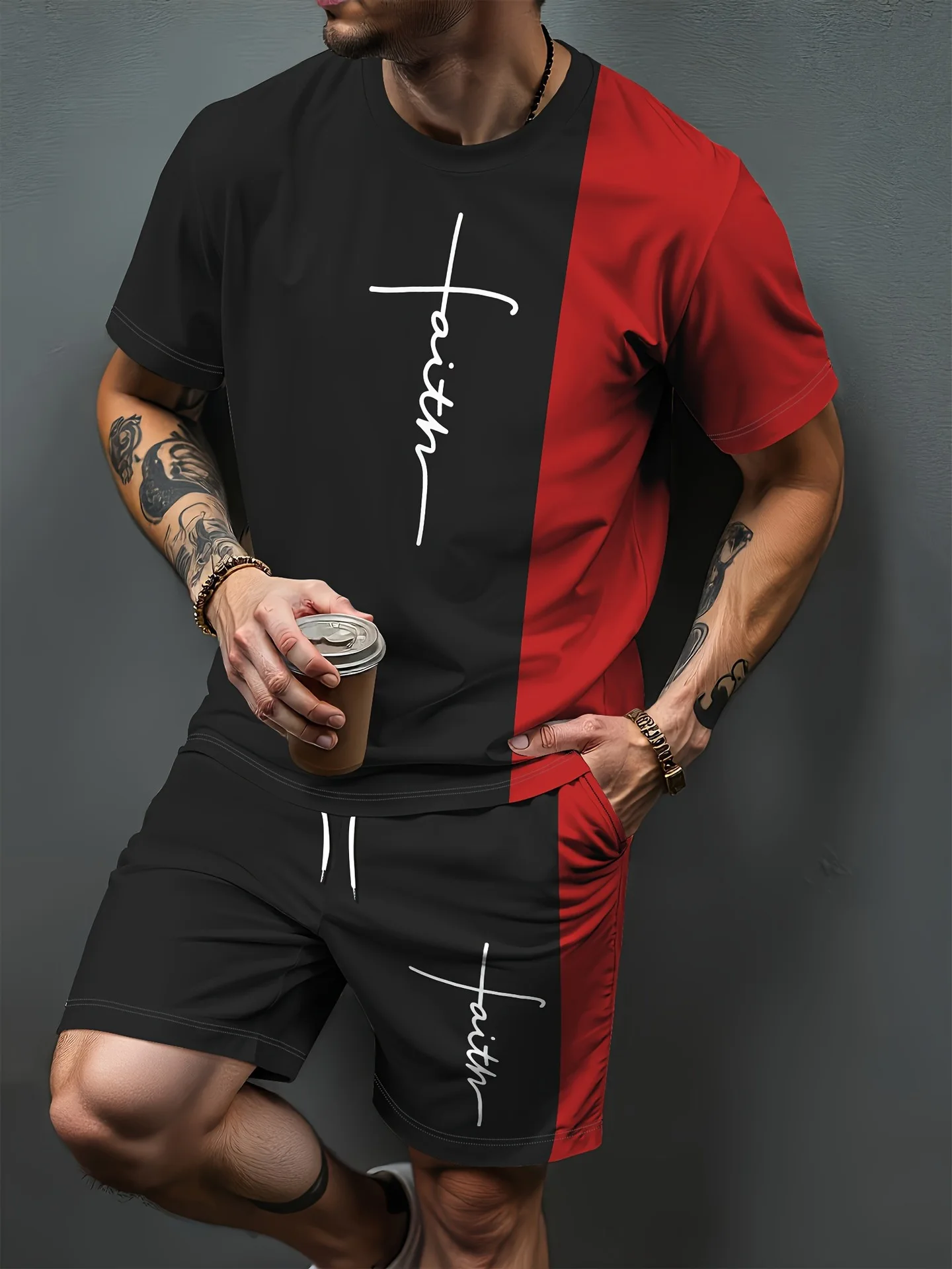 Gradient Letter Pattern 3D Print Tracksuits Men Women Casual Short Sleeve T-Shirt Shorts Sets 2pcs Sportswear Suits Man Clothing view 5