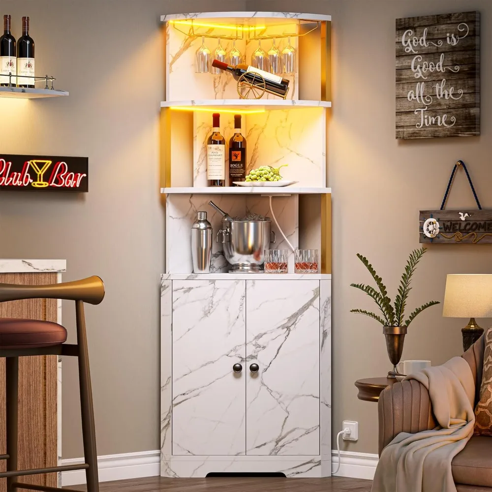 

71'' Corner Bar Cabinet with LED Lights, 5-Tier Wine Rack with Power Outlets, Glass Holder and Door, Liquor Cabinet, Customized