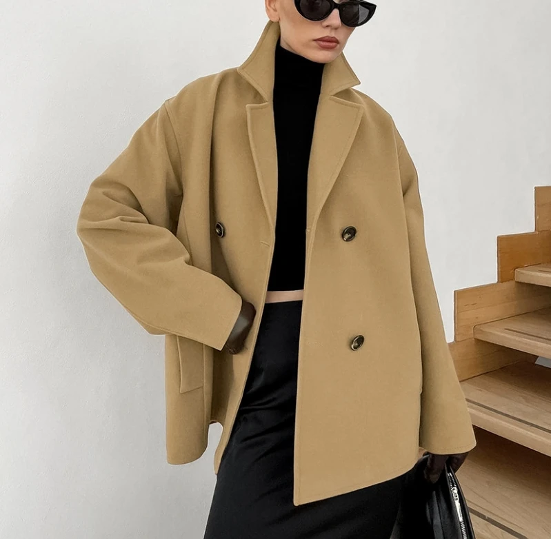 Winter Coat Female Women's Autumn Retro Woolen Coat with Flip Collar Double Row Buckle Casual Loose Commuting Elegant Suit Coats