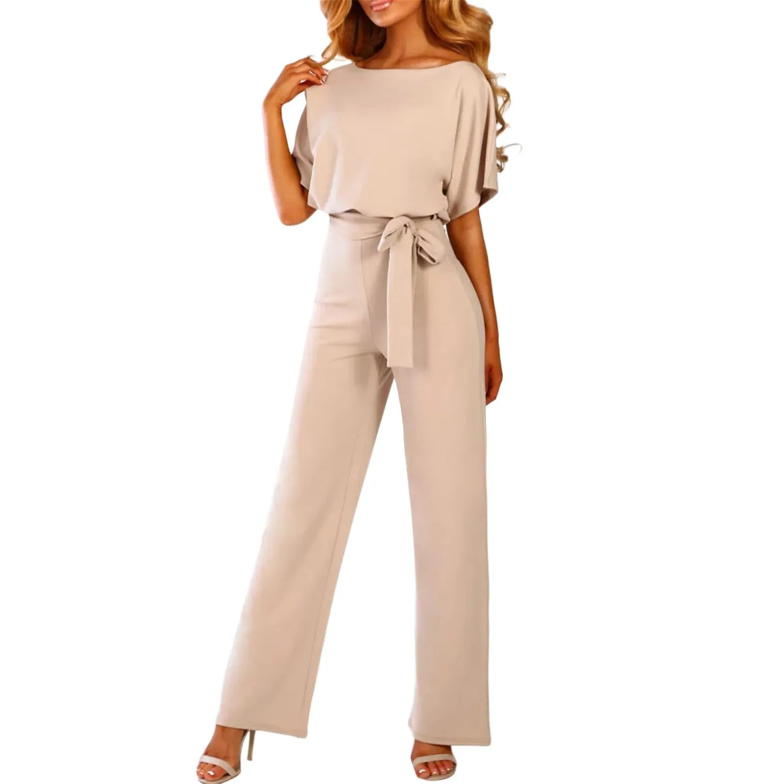 Women'S High Waist Jumpsuits Summer Straight Fitting Casual Tie Round Neck Jumpsuits Daily Commute Solid Short Sleeve Jumpsuits
