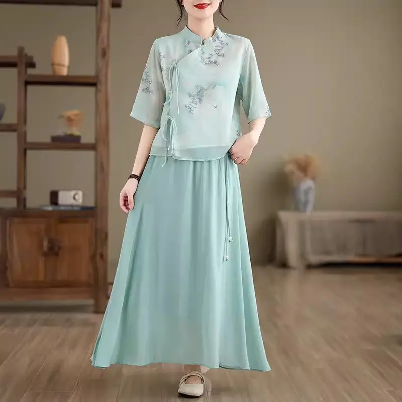 2024 Summer New Chinese Shirt And Skirt Improvement Hanfu Outfit Elastic Waist Half Skirt Seven Sleeve Top Two Piece Set K2113