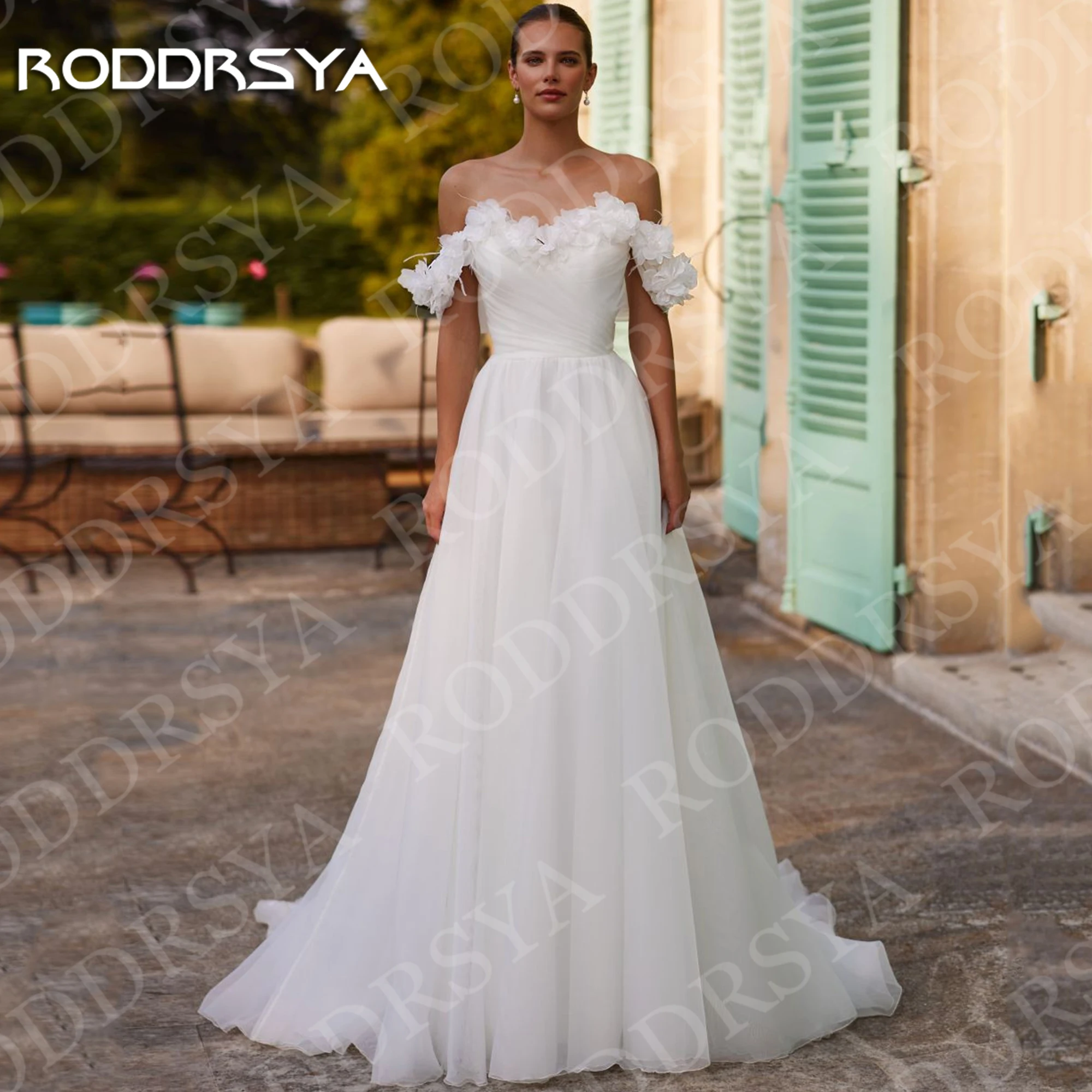 RODDRSYA Wedding Dresses Off Shoulder A Line 3D Flower Sweetheart Neck Tulle Beach Bridal Dress Customized Robe Mariage Femme