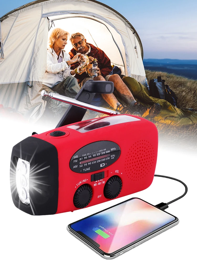 Multifunctional Solar Hand Crank Radio FM AM WB NOAA Weather Radio 2000mAh USB Charging Emergency LED Flashlight Power Ban