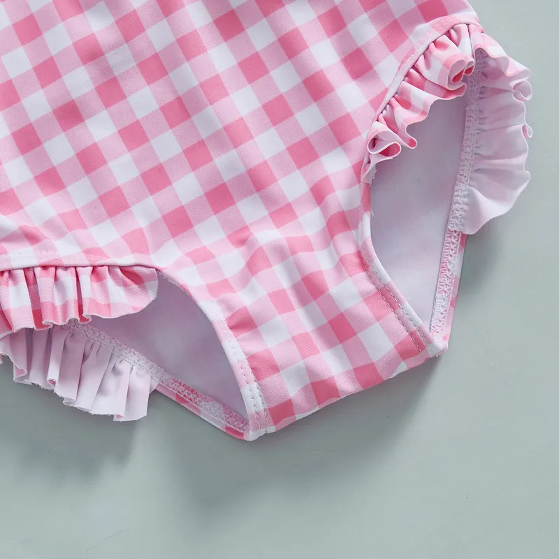 6ヶ月から4歳の幼児女の子ラッシュガード水着帽子付き2点セットチェック柄ジップアップ長袖クルーネック水着