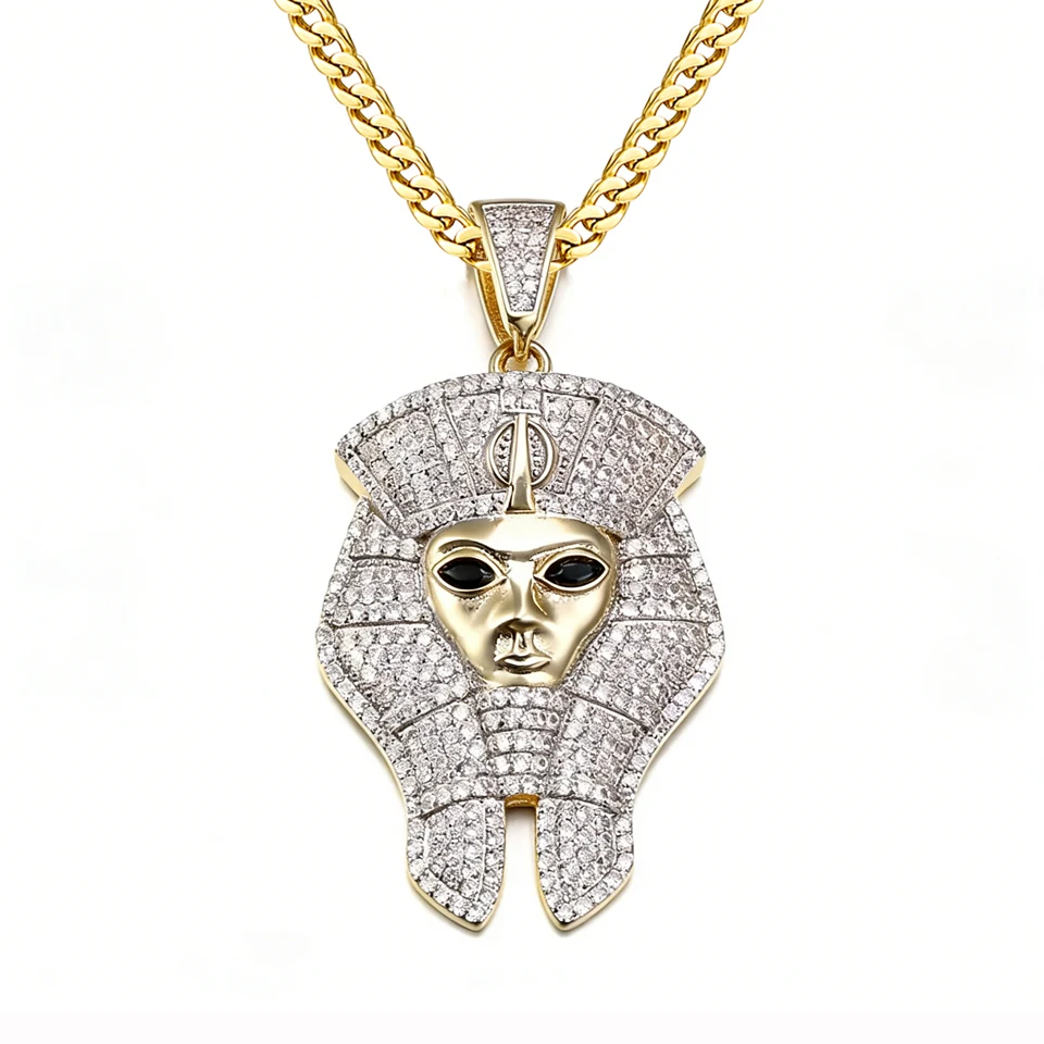 

VANAXIN Hip Hop Pharaoh Head Pendant Necklace Men Iced Out Cubic Zirconia Jewelry Punk Cuba's 14K Gold Plated Gift