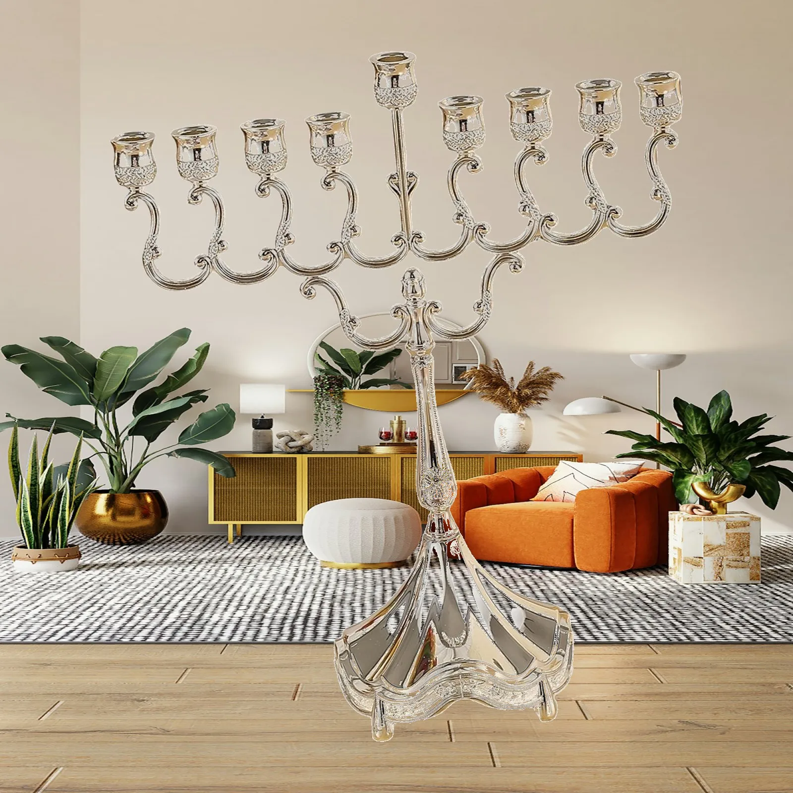 9 Branches Menorah Candelabrum Decorative Candle Holder Luxury Zinc Alloy Table Ornament for Living Room Decor