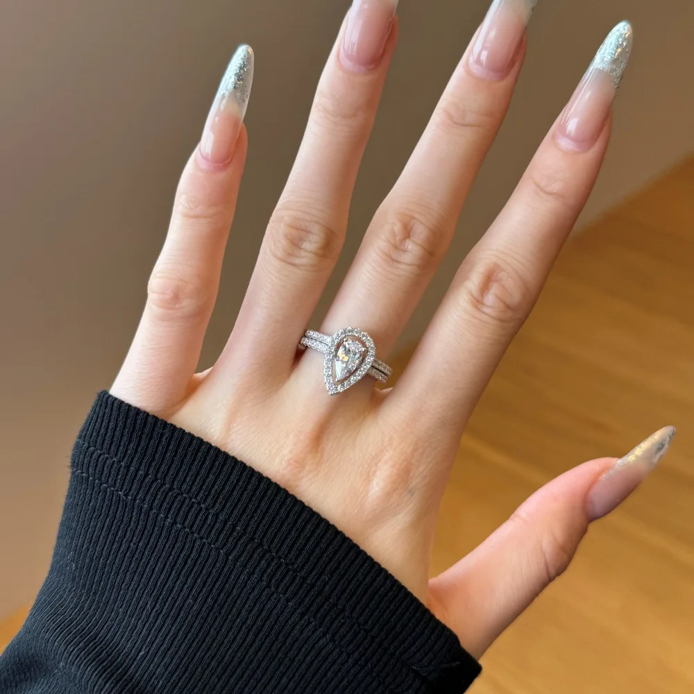 

New S925 silver ring with a female design, niche, light luxury set, fashionable, water droplet detachable ring