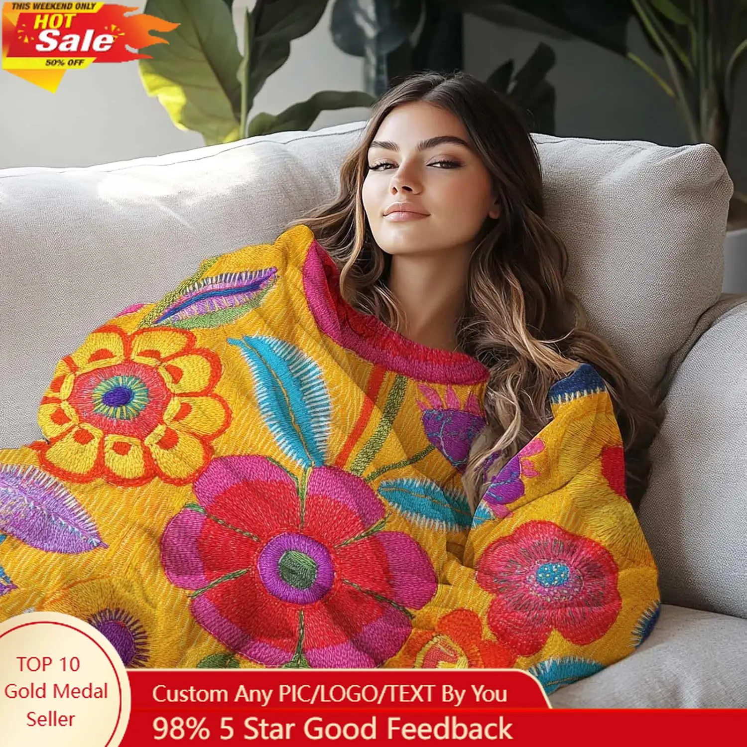 

Mexican Floral Printed Blanket for Women Bright Decorative Throw Blanket for Living Room or Bedroom Custom blankets