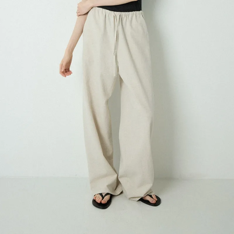 

Casual Linen Loose Straight Pants Women Summer White Solid Color Drawstring Elastic Waist Wide-leg Fashion Streetwear Trousers