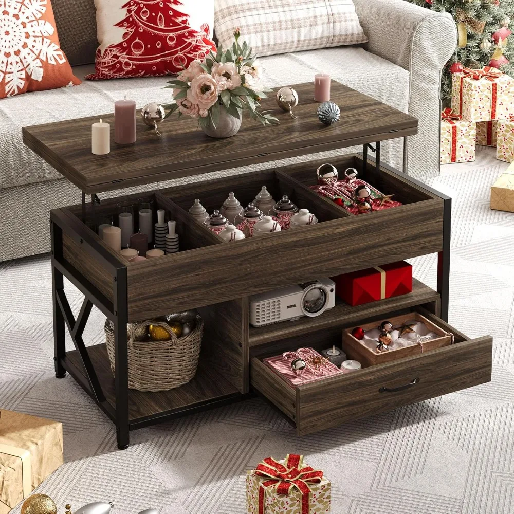 

40 Lift Top Coffee Table with Drawers & LED Light for Living Room, Coffee Table with Hidden Compartment & 2 Open Shelves