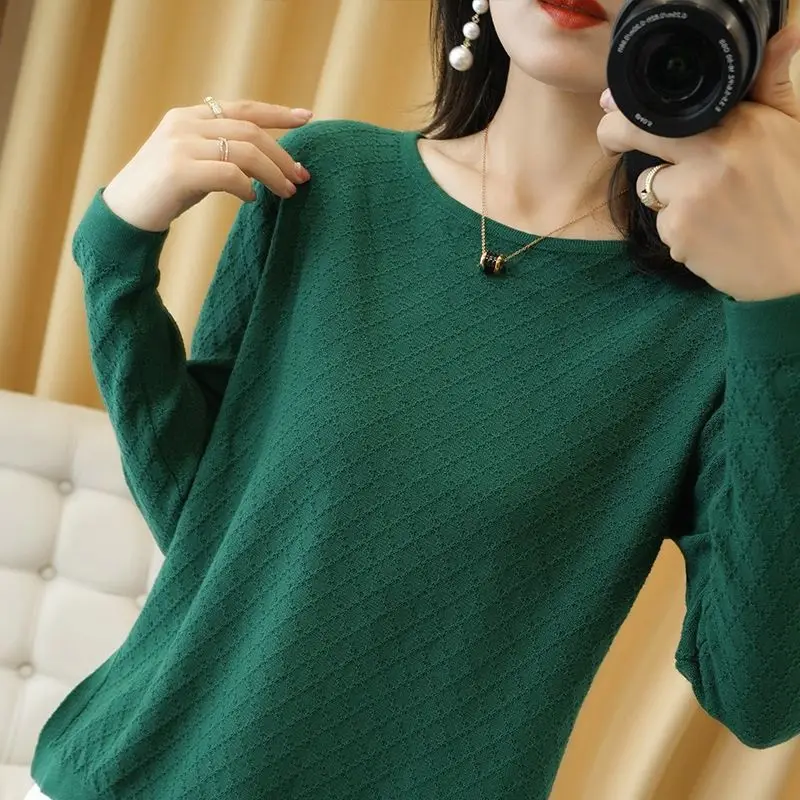 Women\'s Clothing Round Neck Solid Color Pullover Long Sleeve Screw Thread Sweater Knitted Casual Elegant Spring Autumn Tops