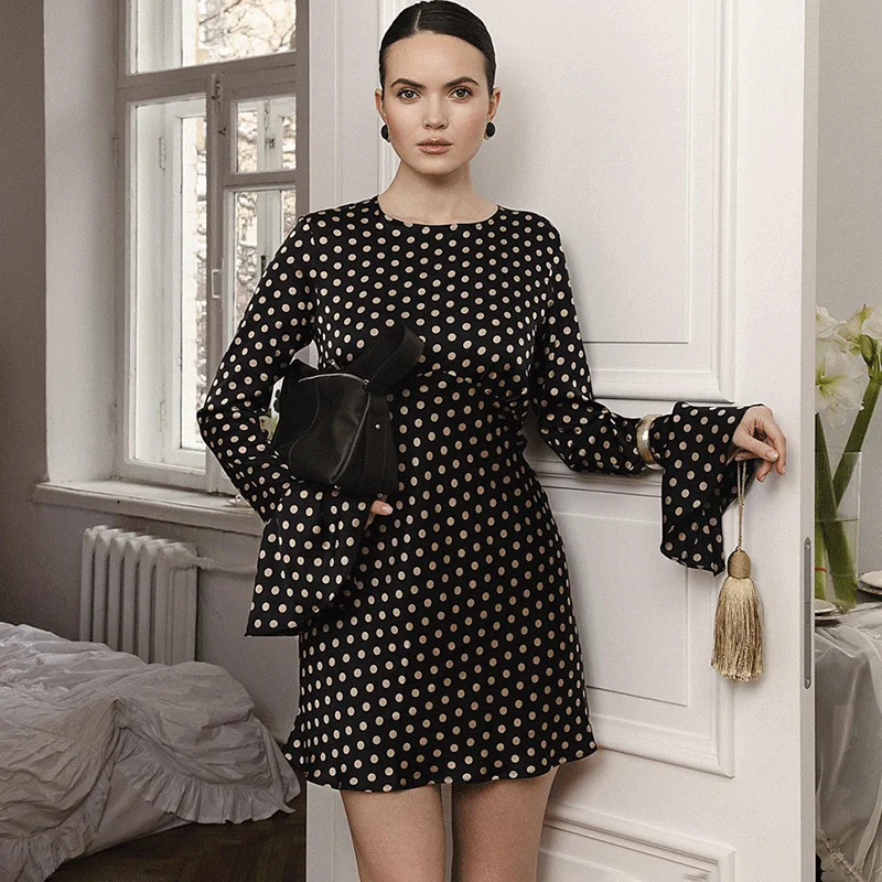 

Talenza Summer Satin Print Dress Women Vintage Polka Dot Patchwork Bell Sleeve Elegant Dress New Commuting Women's Casual Dress