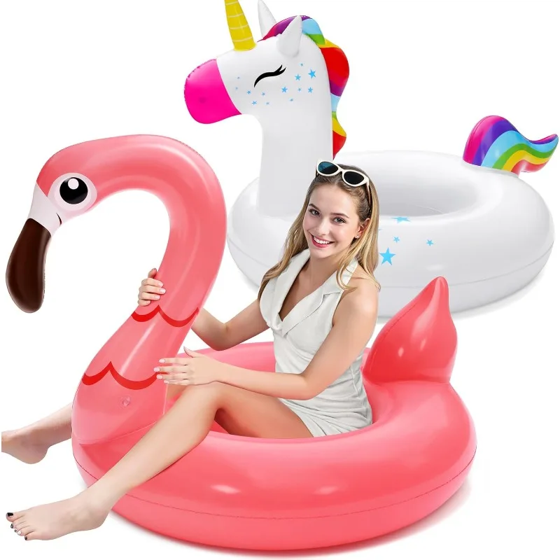 

2-Pack Unicorn Flamingo Pool Floats - Inflatable Pool Floaties Swimming Party Decorations, Fun Float Swim Rings Floating