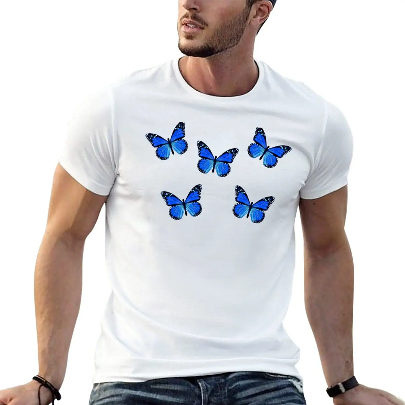 

Blue butterfly scattered T-Shirt Blouse heavyweights men clothings