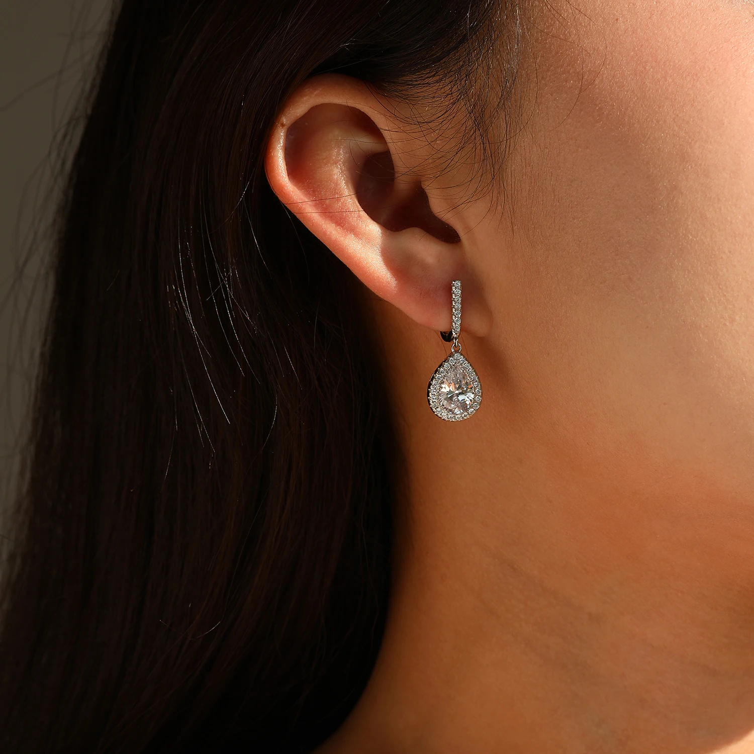 MODIAN 925 Sterling Silver Water Drop Shape Drop Dangle Earrings Pear CZ Swing Hoop Earrings for Women Wedding Fine Jewelry