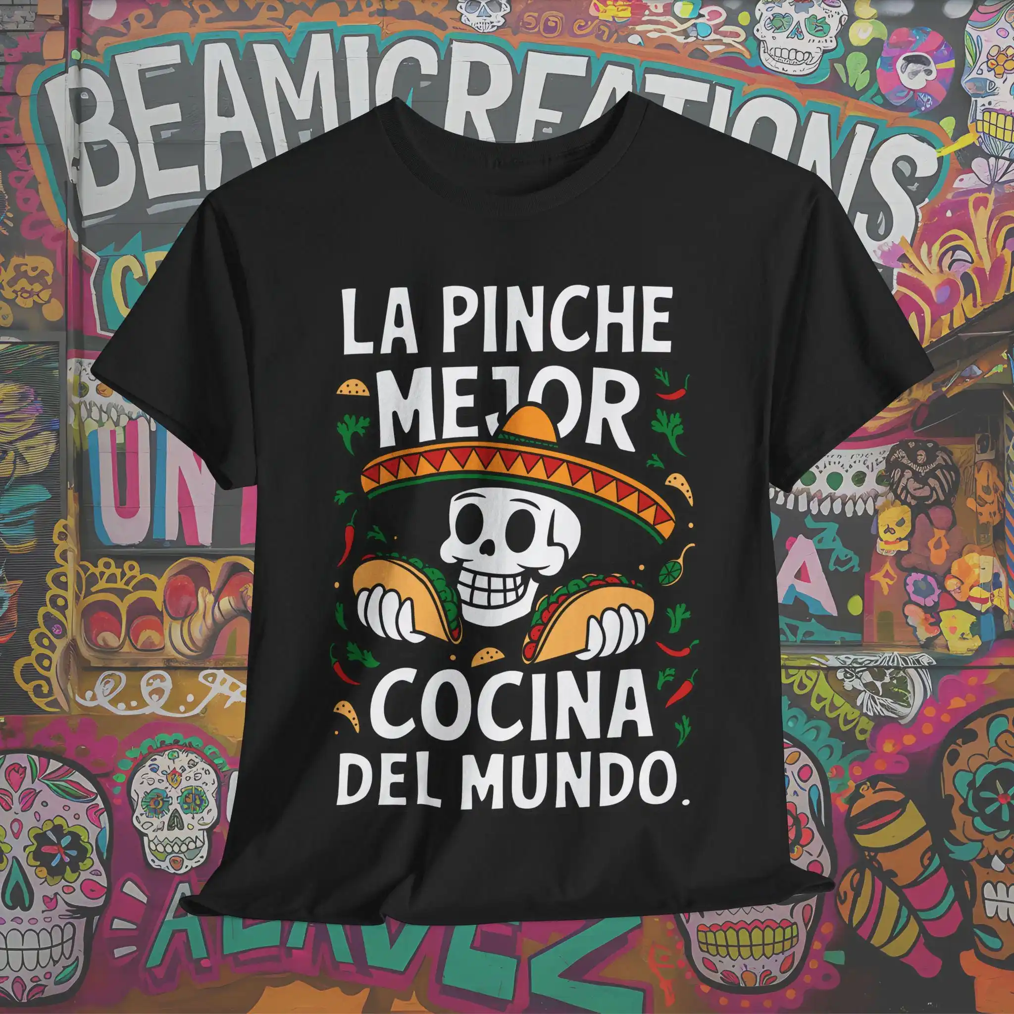 

La Pinche Mejor Cocina del Mundo T Shirt Fun Mexican Food Skeleton Bold Fiesta Design for Taco Lovers Cotton