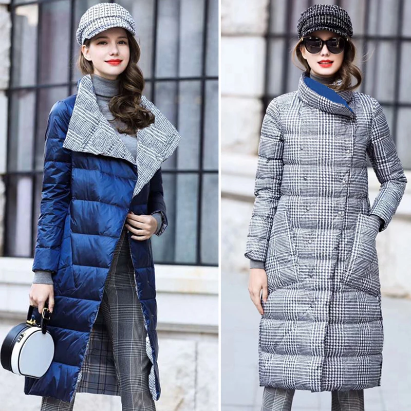 FMFSSOM 2024 New Women Winter Long Duck Down Jacket Thick Double Sided Plaid Coat Female  Warm Down Parka Women Slim