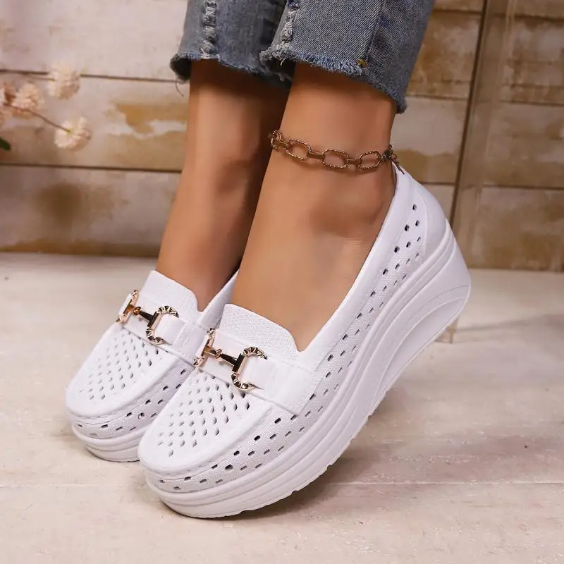 Soft Thick Bottom Height Increase White Loafers Women 2026 Summer Hollow Out Wedge Heel Pumps Women's Comfortable Nursing Shoes