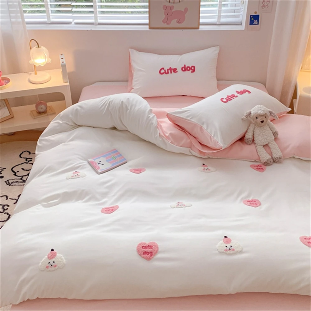 

Four-Piece Set Embroidery Quilt Cover Bed Sheet Pillowcase Bedding Set For Kid Girl Korean Duvet Cover Comforter Queen King Size