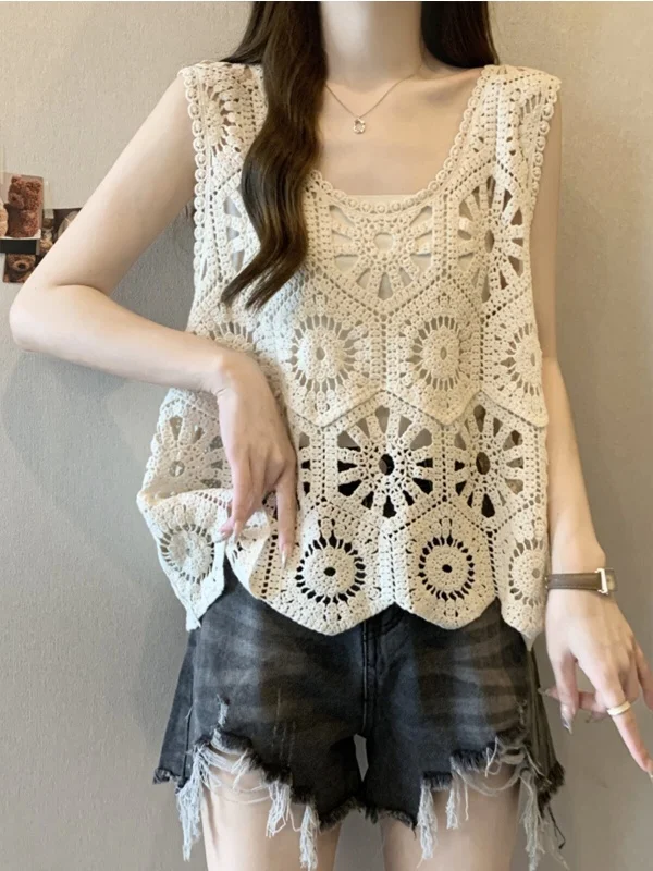Bohemian Hollow out Short Sleeve Vest Women's Layering Summer plus Size Irregular Shape Sleeveless Top Outer Covering Shirt