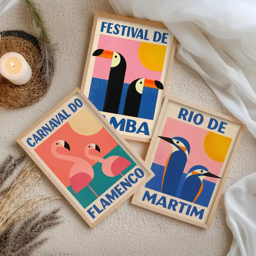Retro Brazilian Bird Festival Poster Stickers Painting Self-Adhesive Mural HD Wall Decals for Bedroom Room Home Decor Gift