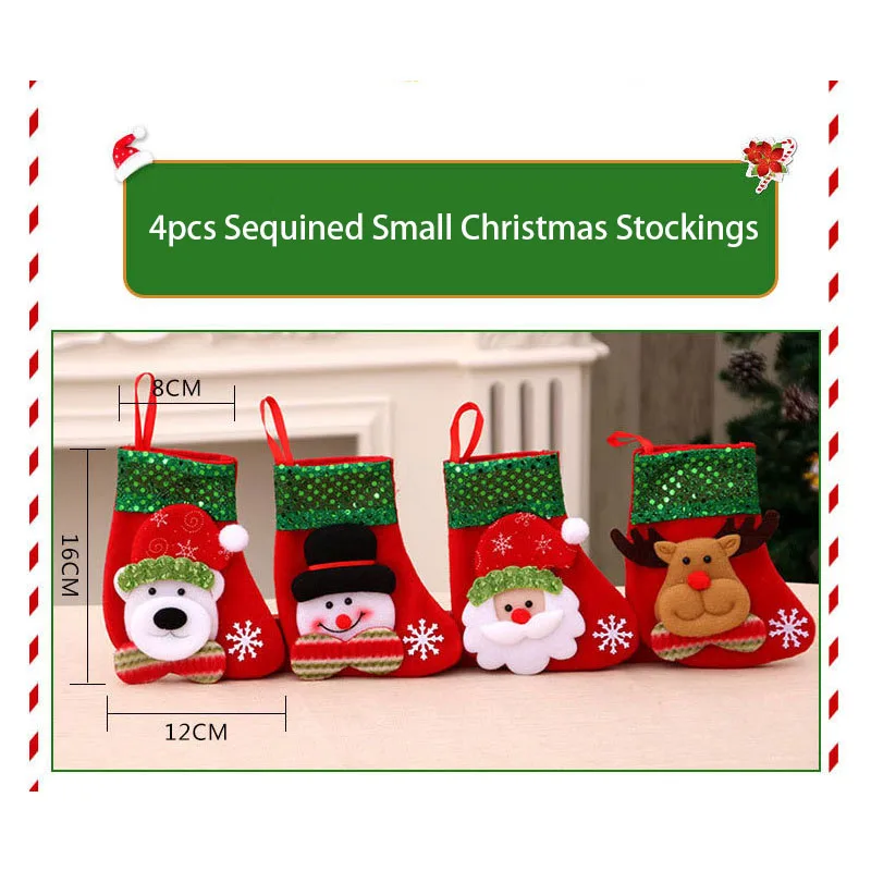 4pcs Small Christmas Stockings Christmas Tree Ornaments Christmas Candy Gift Bag Socks Merry Christmas Santa Claus Snowman Elk B - Image 2