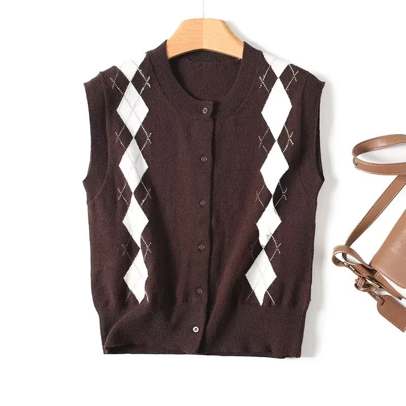 

Новый американский консервативный стиль Argyle Ретро вязаный жилет для женщин на пуговицах спереди с круглым вырезом без рукавов осенние топы