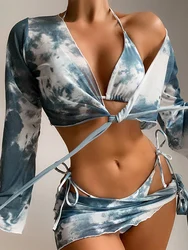 Tie Dye Four-piece Bikinis Sets Sexy Halter Women's Swimsuit Low Waist Triangle Thong Swimwear 2023 Female Push Up Bathing Suits