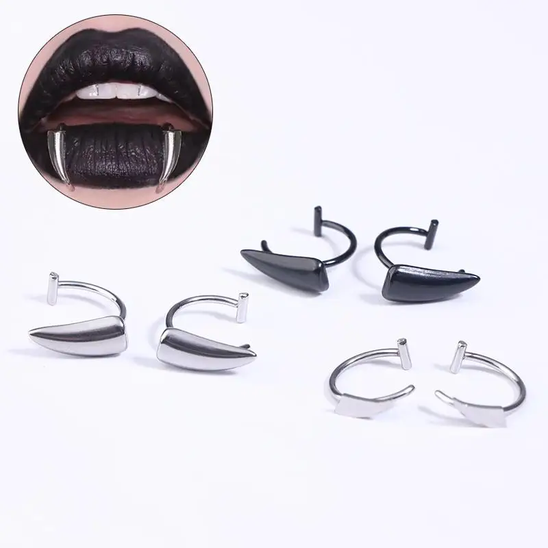 2 قطع هالوين وهمية هيئة ثقب المجوهرات قوي الفولاذ المقاوم للصدأ فانغ الشفاه خواتم لا ثقب المجوهرات لعشاق الموضة #3