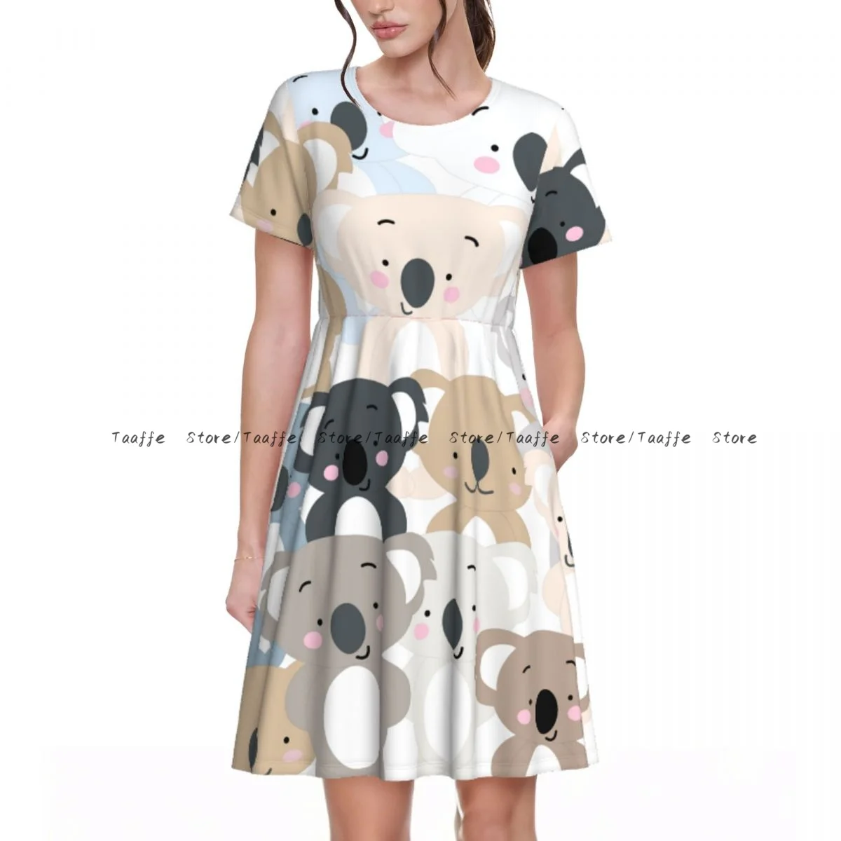 Summer Women Dress Vintage Cute Koala Bear Pastel Illustration Casual Beach Holiday Short Sleeve Round Collar Woman Midi Dress