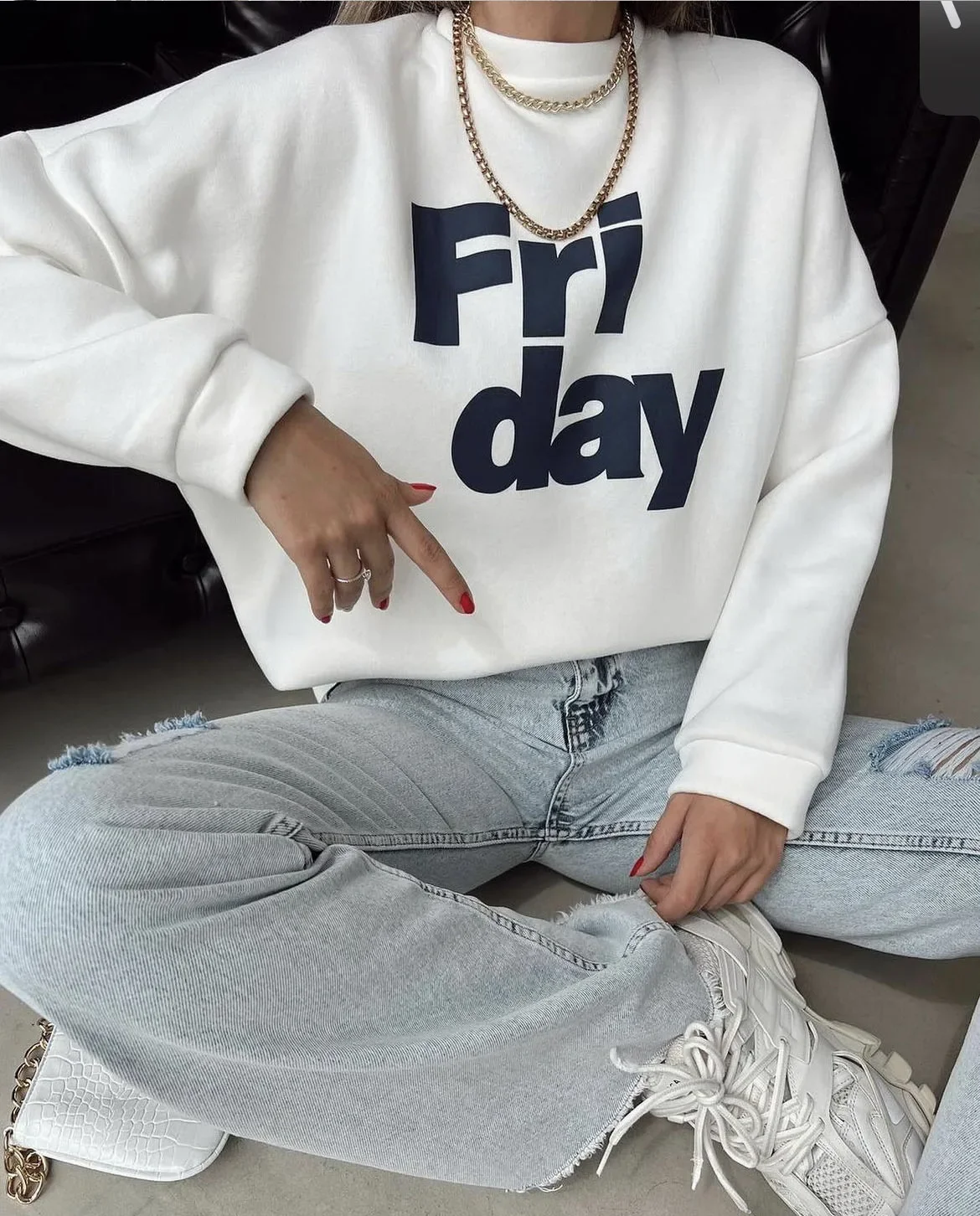 Hirsionsan 2024 New Spring Autumn Casual “Friday” Letter Print Sweatshirt Women Soft O Neck Ladies Vintage Pullovers Casual Tops