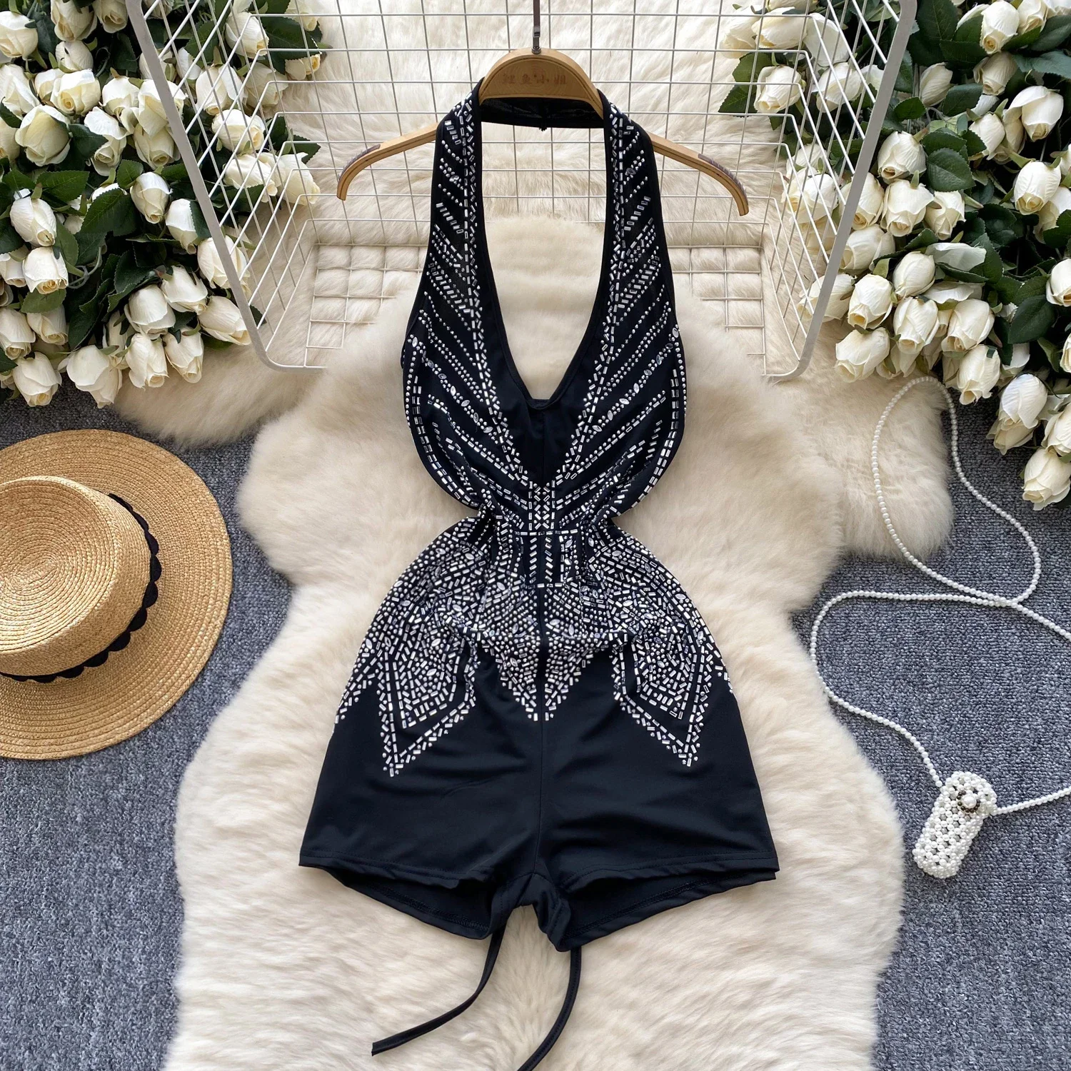 Hotsweet Halter Deep V-neck Sleeveless Sexy Backless Rhinestone Slim High Street High Waist Short Pants Summer Women Playsuits