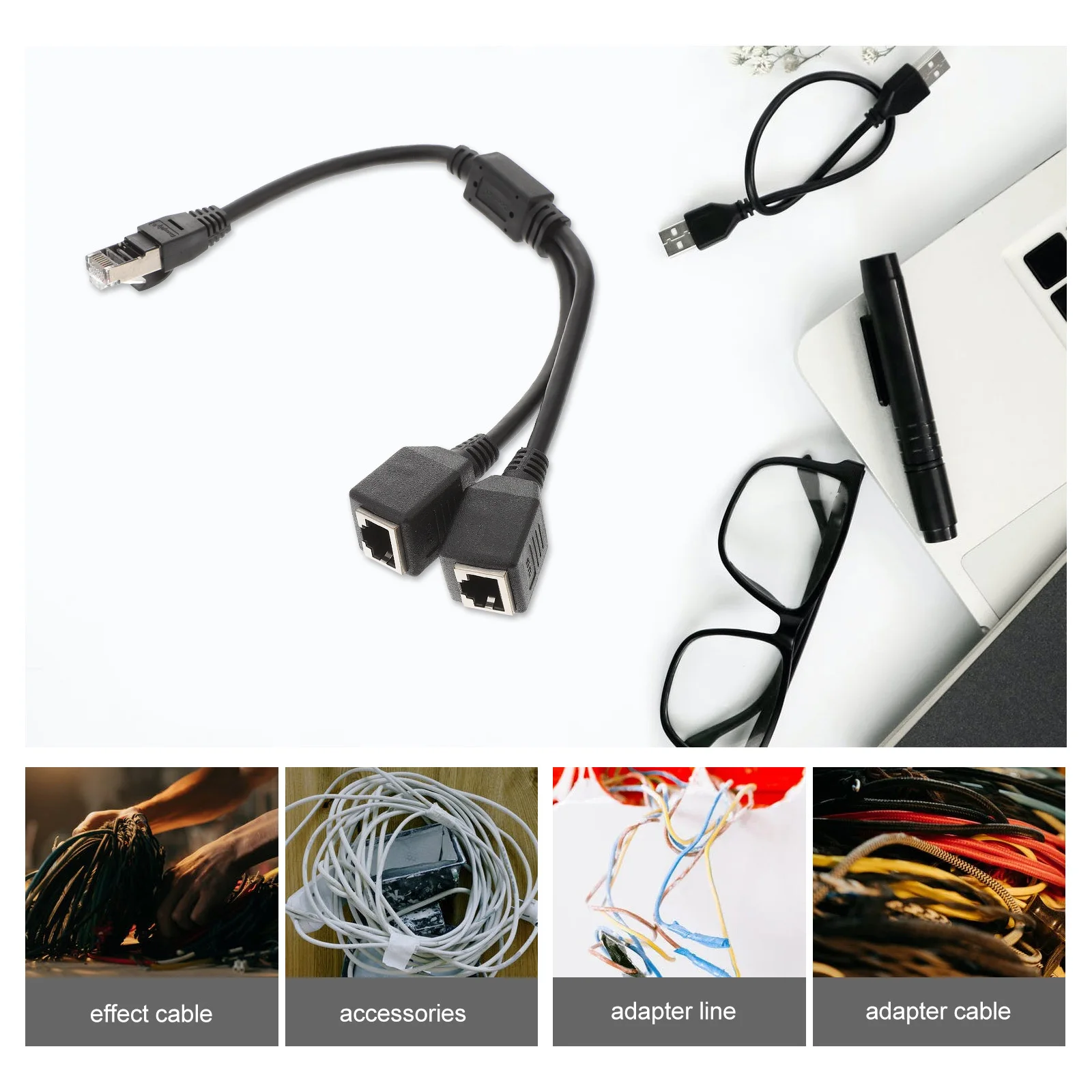 

1Pcs Network Adapter Cable with 8-Pin Gold-Plated Core Rj45 Ethernet Splitter for Lan Internet Extension Black Rj45 Cable