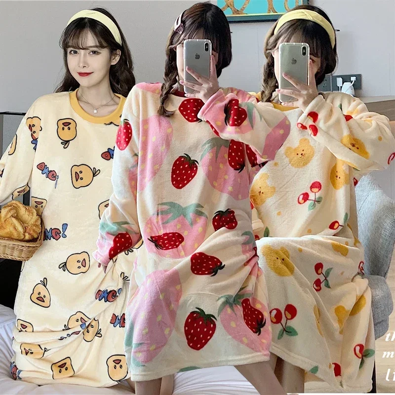 

2025 Winter Long Sleeve Thick Warm Flannel Nightgowns For Women Cute Print Coral Velvet Sleepwear Nightdress Night Dress Nighty
