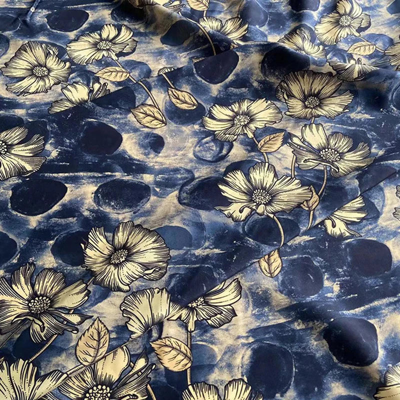 114CM Wide 16MM  Printed Yellow and Dark Blue Silk Crepe de Chine Fabric for DIY Sewing Summer Soft Dress Pants Pajamas C001-46