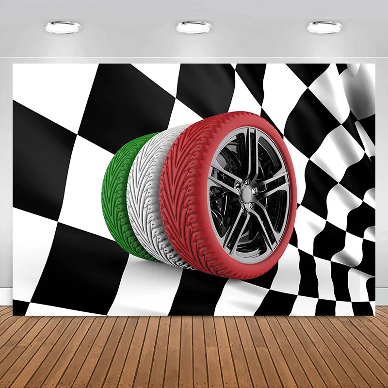 Racing Black White Checkered Flag Backdrop Photography Colorful Car Wheels Background Kids Boys Birthday Party Decoration Banner