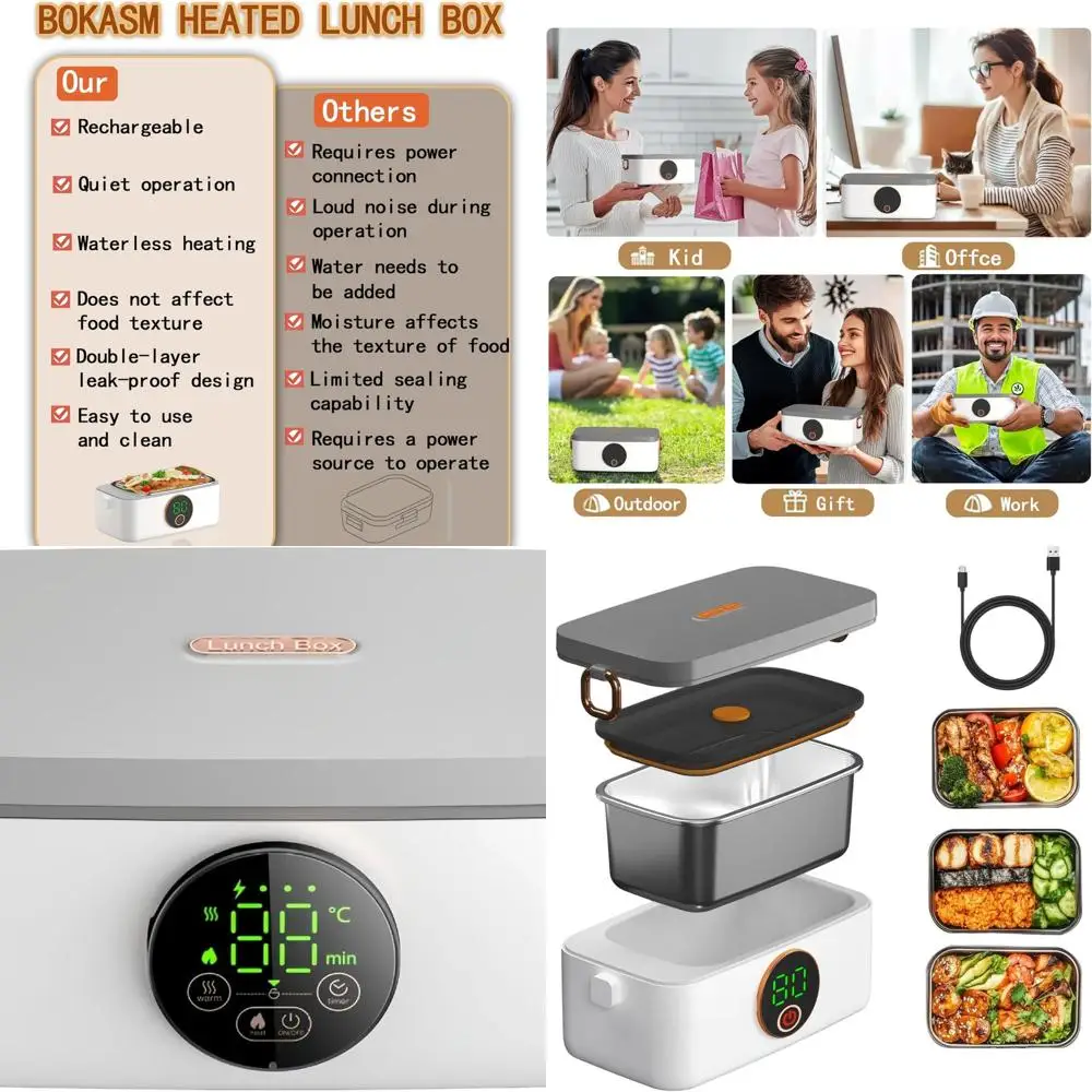

Portable Wireless Electric Heated Lunch Box, 16000mAh Rechargeable, 1000ml Capacity, Ideal for Travel, Outdoors, and Office