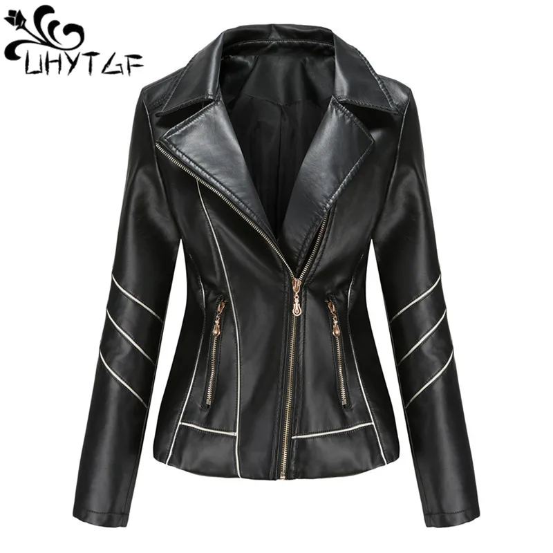 

UHYTGF Autumn PU Leather Jacket Women Fashion Zipper Biker Casual Short Outerwear Female Thin High-End Leather Coat Ladies 433