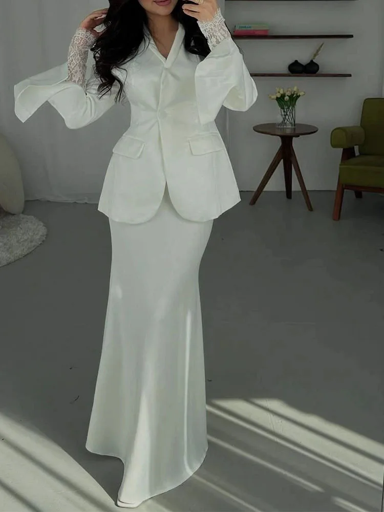 

2025 autumn and winter new casual design slim fit suit set fashionable temperament solid color suit jacket+satin long skirt set