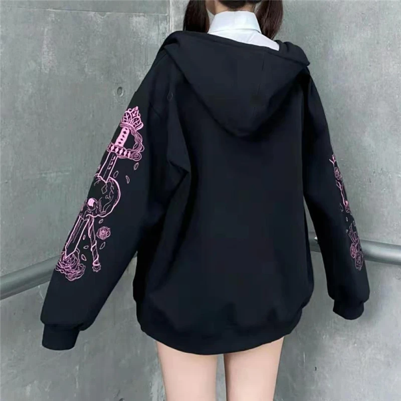 Women\'s Pink Pattern Print Zipper Hoodie Y2k Clothes High Street Long Sleeve Sweatshirt 2024 Winter Darkness Vintage Cool Jacket