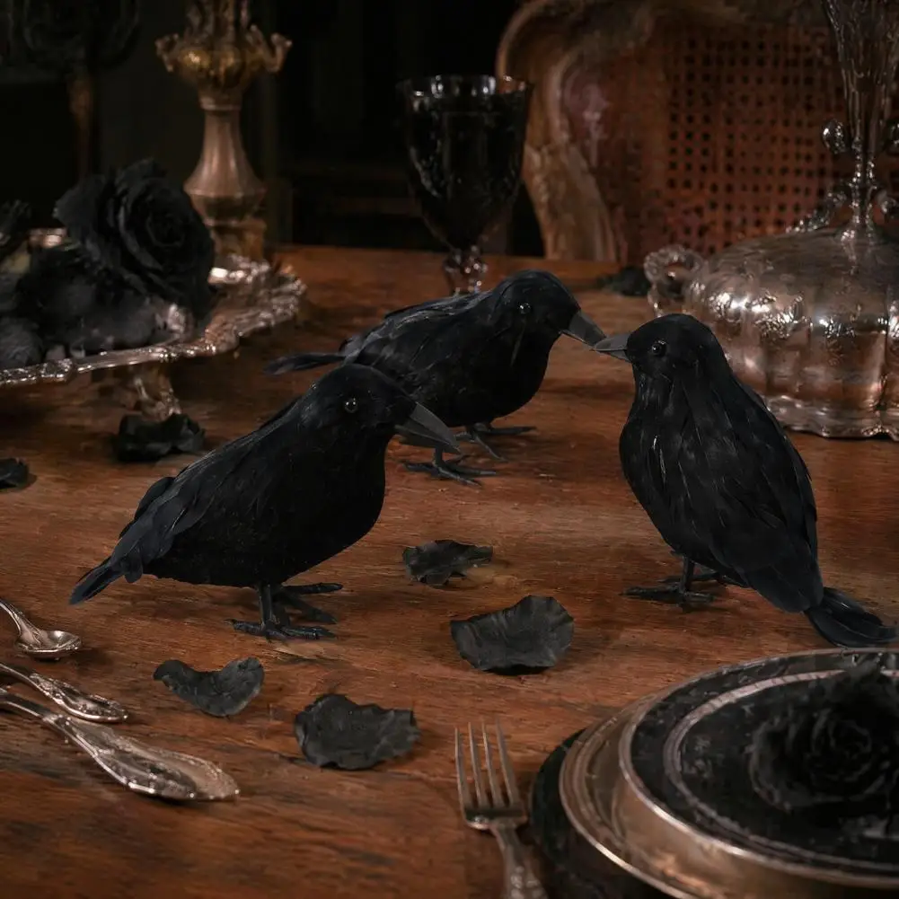 High-end Decorative Crow Statue Realistic Crow Figurine Feathered Raven Statue Spooky Halloween Party Props Haunted House Decor