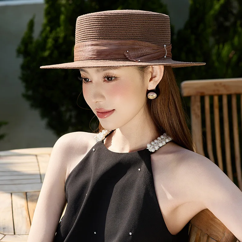 

Trendy Elegant Deluxe Silk And linen Decoration Natural Grass Lafite Straw Hat Handwoven Sunscreen Flat Flower Beach Visor Hats