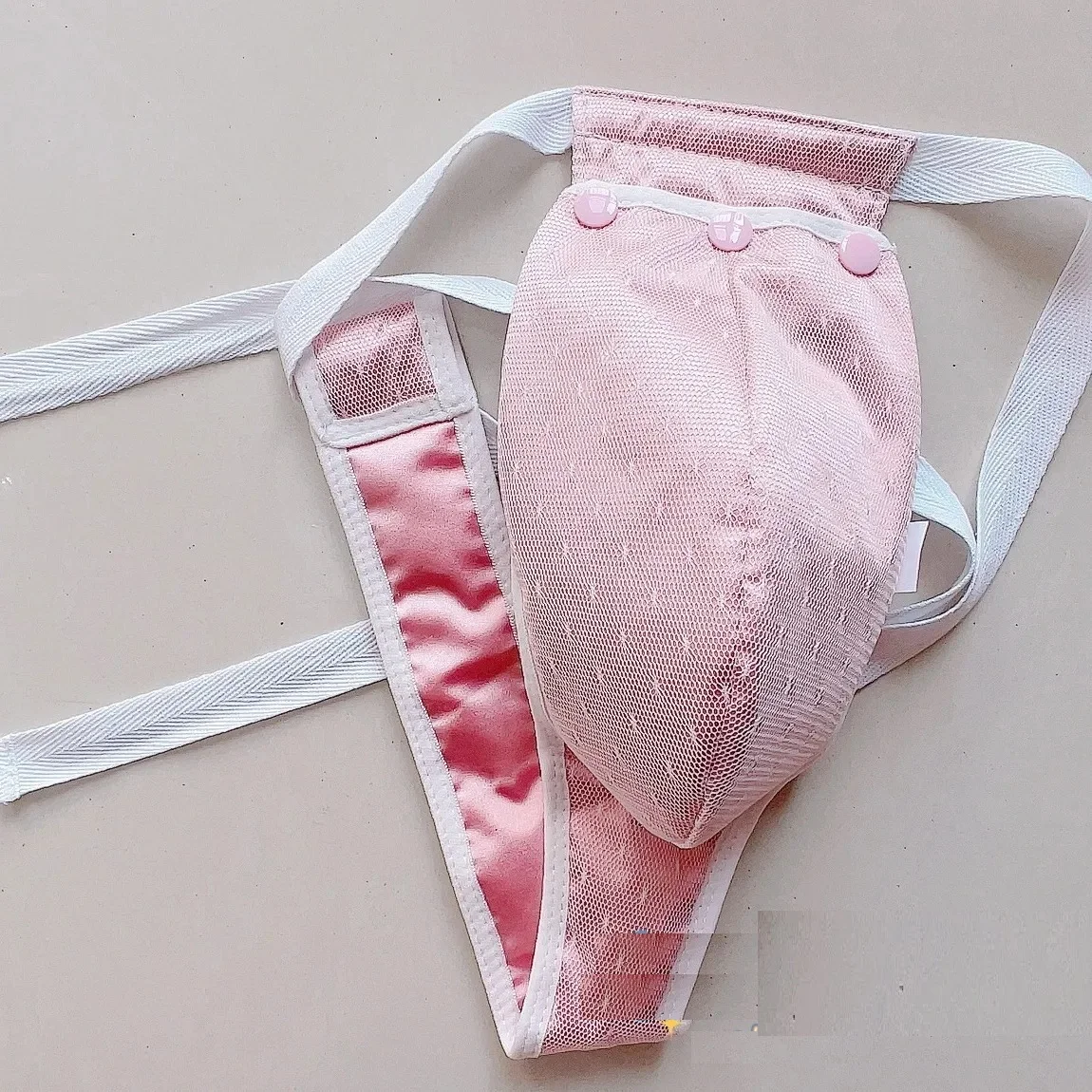 Pink Lace Silky Men Thong Briefs With Snap Convex Pouch low-rise Lace Up T-back Gay G-string Briefs Party BF Gift