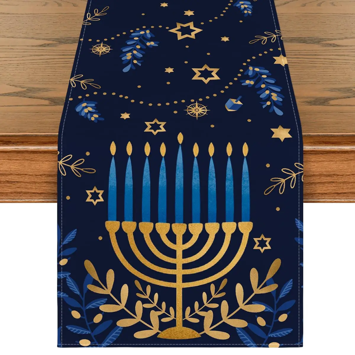 

Watercolor Star Olives Hanukkah Table Runner, Seasonal Chanukah Menorah Kitchen Dining Table Decoration for Outdoor Home Party