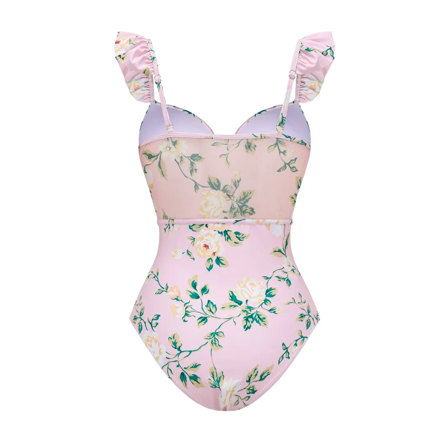 One-piece Women Sweet Pink Floral Petals With Ruffle Swimsuit Bodysuit Bikini Set Beach Vacation  Style Wear Maxi Dress Skirt